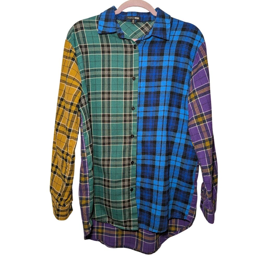 Fashion Nova Y2K Colorful Patchwork Plaid Button-Up Shirt M